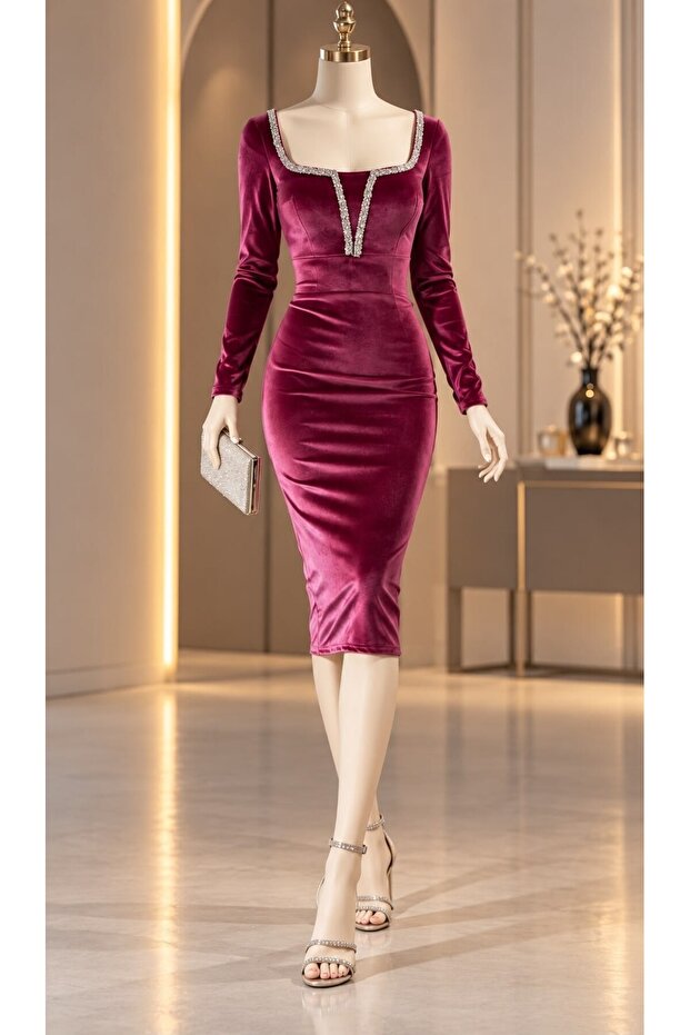 Velvet Stretch Fabric Front Stone Detailed Evening Dress 582343 Dried Rose