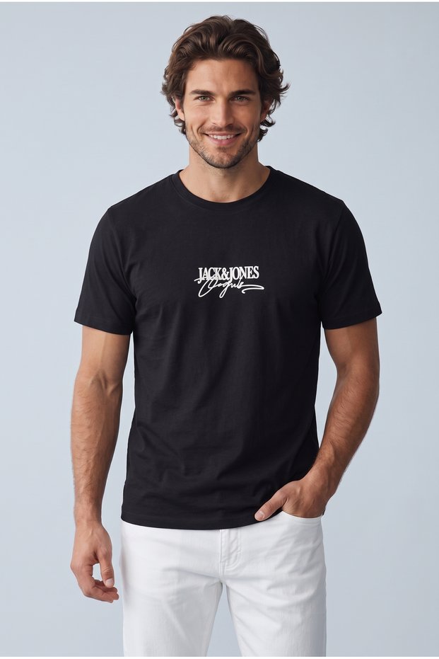 Men's Crew Neck Logo Printed T-Shirt Black