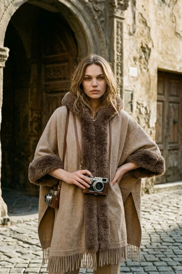 Lagranzé Nordic Hooded Women's Poncho Cape with Fur Detail