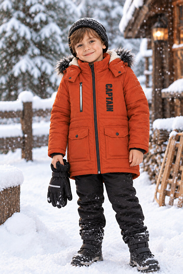 Thick Fiber Filled Water Wind And Rain Proof Hooded Tile Boy's Winter Puffer Jacket