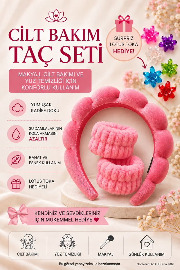 Spa Makeup Crown and Face Wash Wristband Makeup Skin Care Set with Lotus Buckle Gift