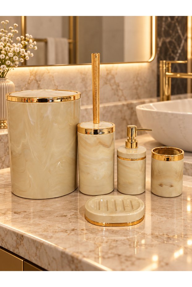 5 Piece Marble Pattern Cream Bathroom Set / WC Brush Holder, Liquid - Bar Soap Dispenser, Trash Can, Toothbrush Holder