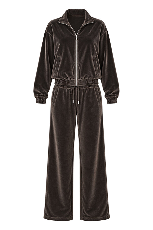 Women's Brown Velvet Zippered Oversize Tracksuit Top and Bottom Set