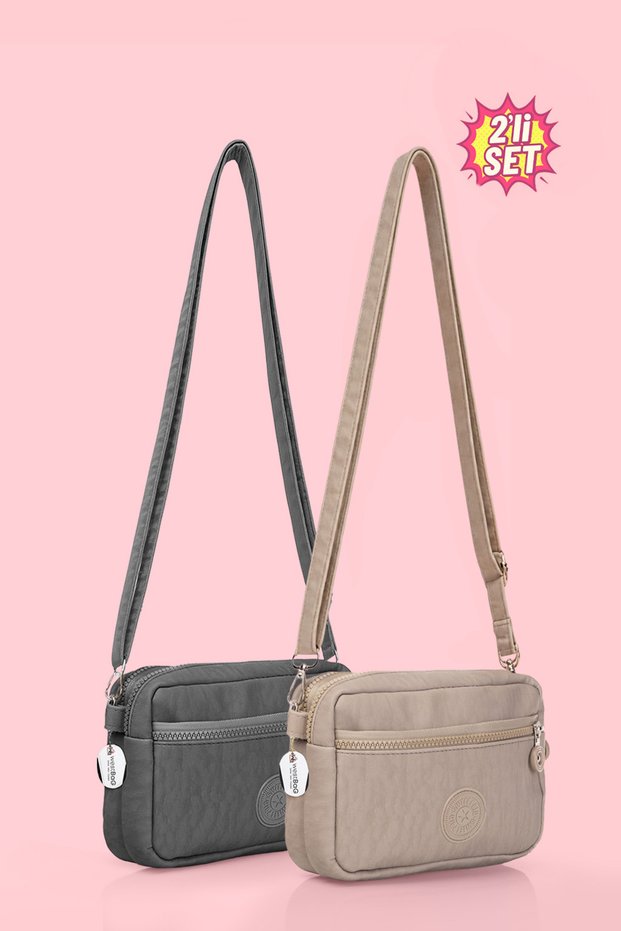 Women's Crossbody Three-Compartment Zippered Crinkle Casual Shoulder Bag Gray and Beige Set of 2