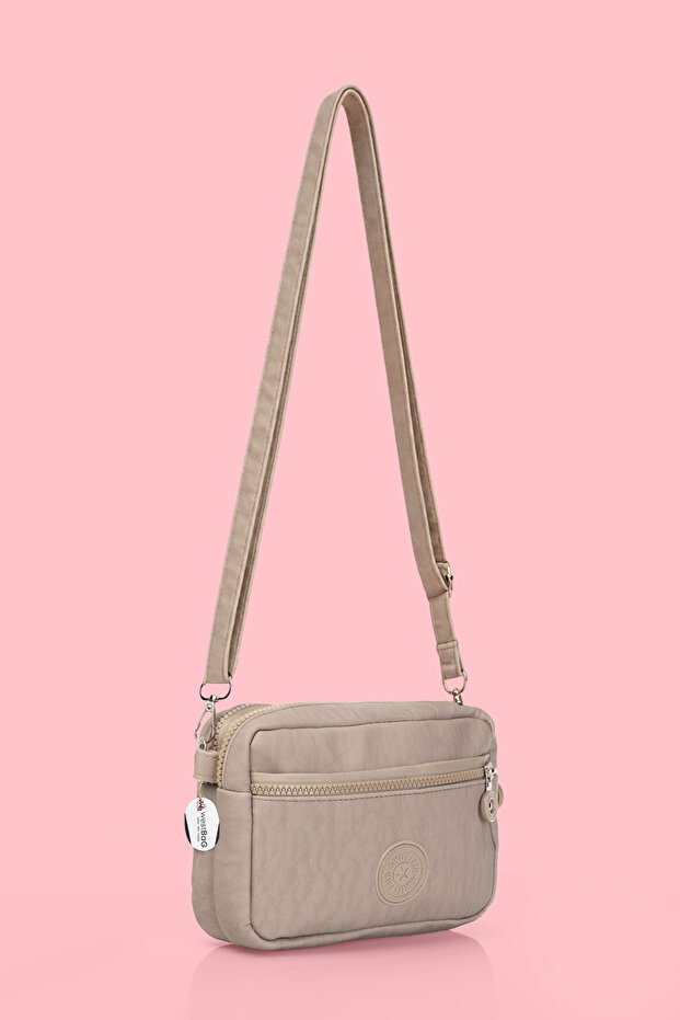Women's Crossbody Beige Three-Compartment Zippered Crinkle Casual Shoulder Bag