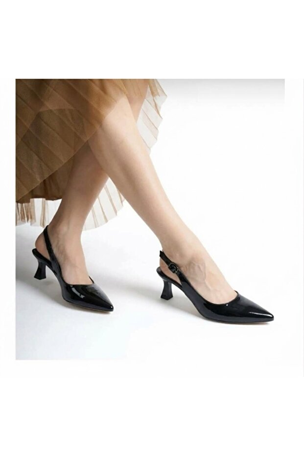 Women's Black Pointed-Toe Patent Leather Ankle-Strap Classic High-Heeled Shoes