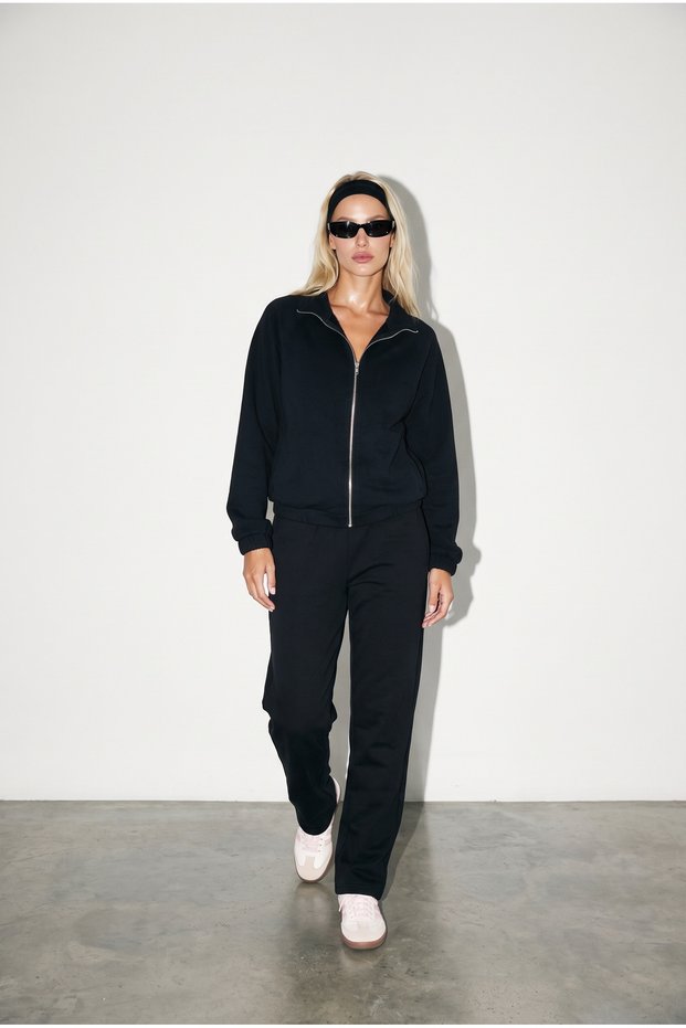 Women's Black Zippered Oversize Tracksuit Top and Bottom Set