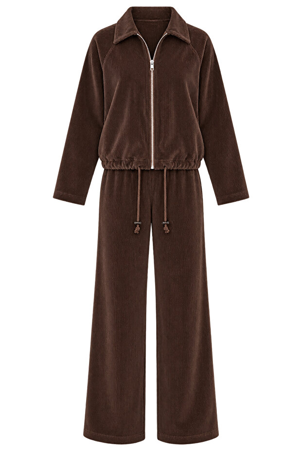 Women's Brown Velvet Zippered Double Tracksuit Set
