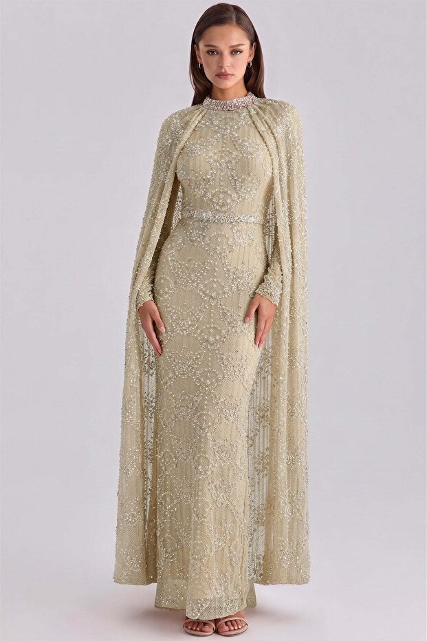 Stone and Cape Detailed Lace Guipure Exclusive Hijab Evening Dress Stone 1110
