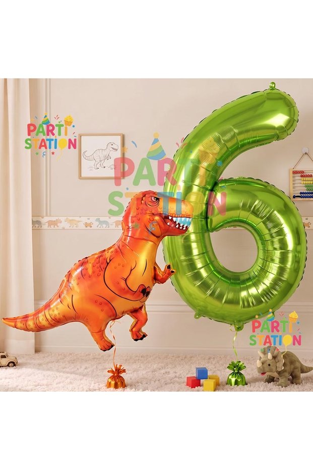 Dinosaur Concept 6 Year Old Balloon Set Dinosaur T-Rex Balloon and Green Number Balloon Birthday Set