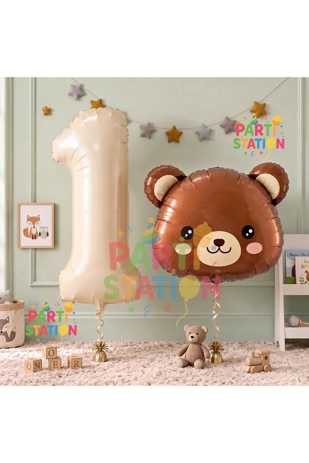 Cute Teddy Bear Head Balloon 1 Year Old Balloon Set Woodland Concept Bear Balloon and Cream Color Number Balloon