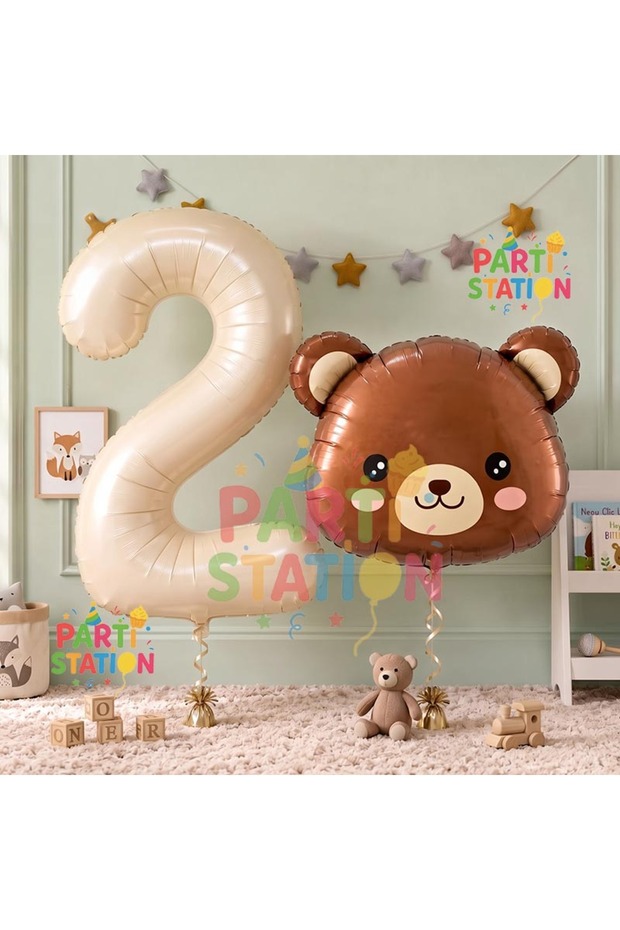 Cute Teddy Bear Head Balloon 2 Year Old Balloon Set Woodland Concept Bear Balloon and Cream Color Number Balloon