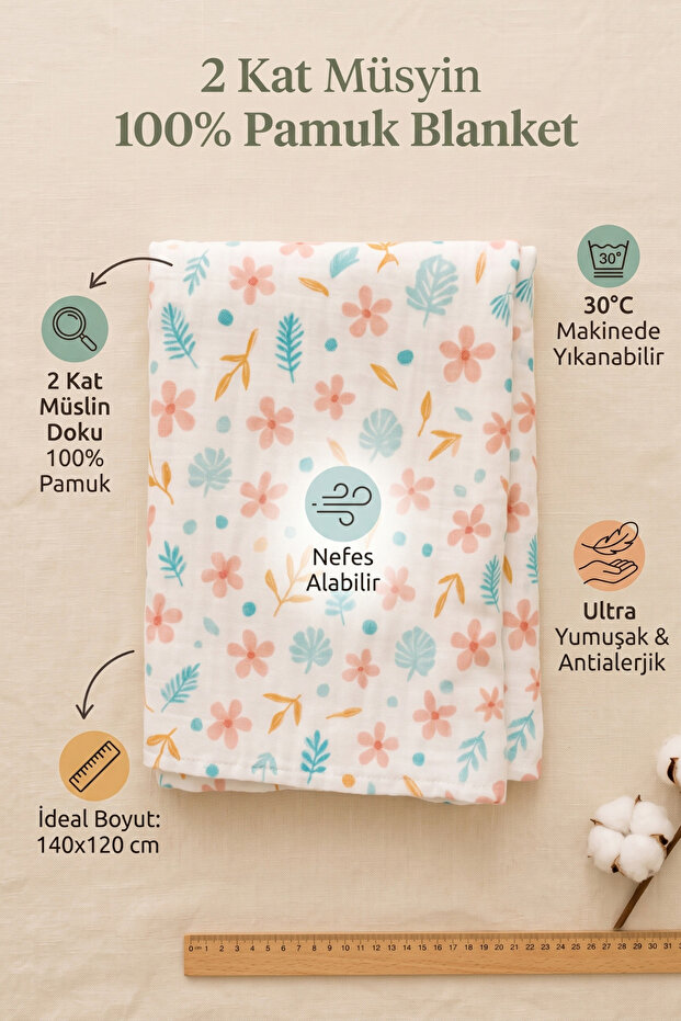Baby Blanket 100% Cotton 2 Layers Muslin Floral Patterned (140X120 cm)