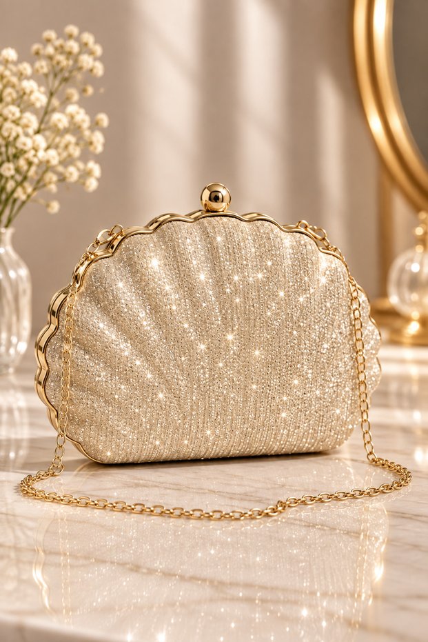 Women's Gold Color Evening Dress Bag Oyster Model Evening Dress Stylish Bag Is an Elegant Design