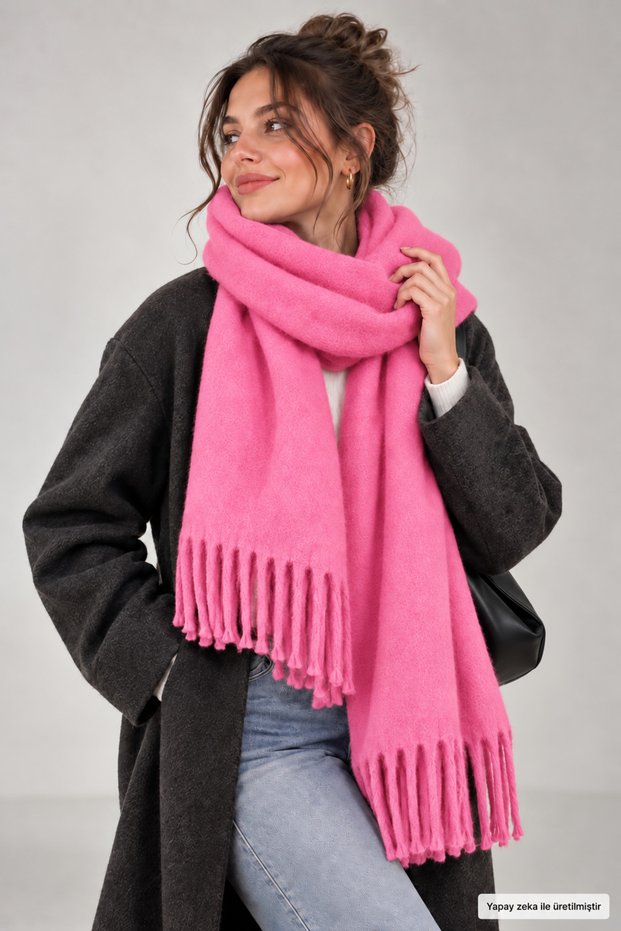 Pink Women's Winter Tassel Scarf | Soft Textured Thick Shawl - Soft Boucle Scarf - Pasta Model