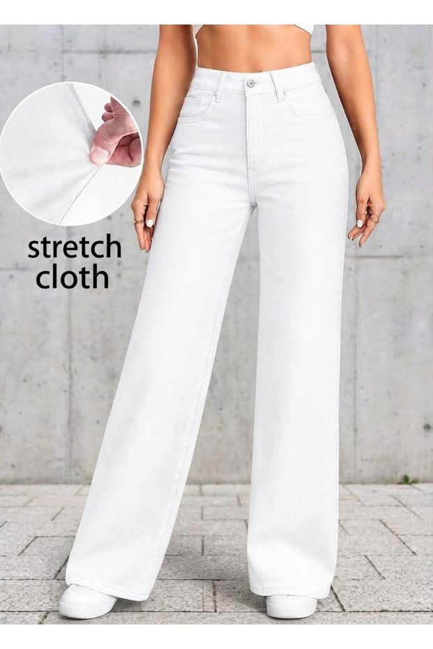 White Women's High-Waisted Palazzo Jeans, Lycra Wide-Leg Loose Trousers - Quality Fabric, Durable Stitching, Special Washing