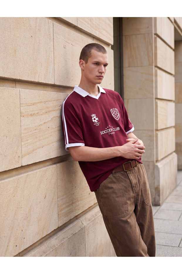 Cotton Printed Color Contrast Short Sleeve Polo Neck T-Shirt