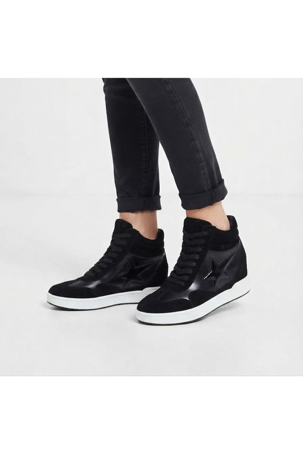 Frm 163 Women's Black and White Star Detailed Ankle-Length Thick Sole Hidden Heeled Daily Casual Shoes Boots