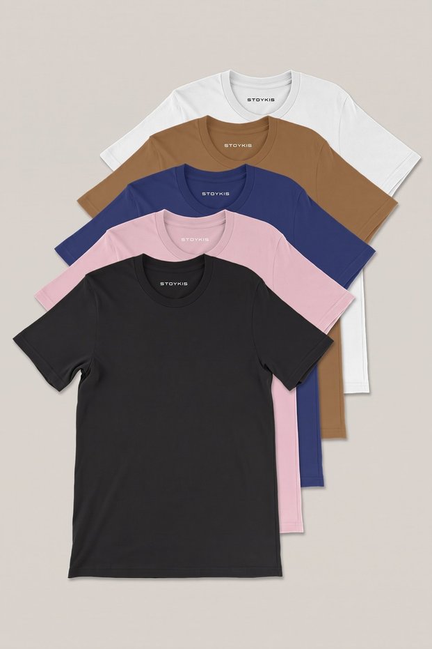 Men's White Brown Navy Blue Powder Black 100% Cotton 5-Piece T-Shirt Pack Regular Fit