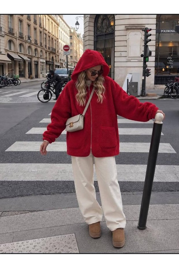 Hooded Long Fleece with Pockets - Red