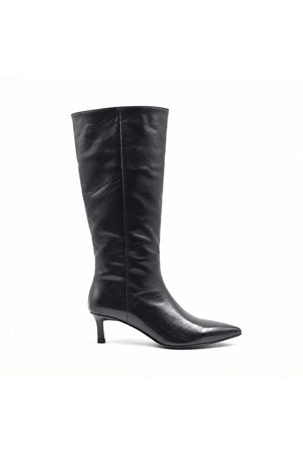 Genuine Leather Black Patent Leather Heeled Women's Boots