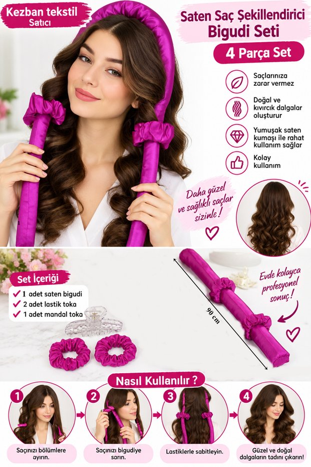 Heatless Hair Styling Set - Satin Night Curler - Hair Bun 4 Pieces