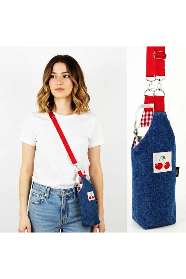 Handmade U Model Denim Water Bottle Thermos Cover with Cherry Detail