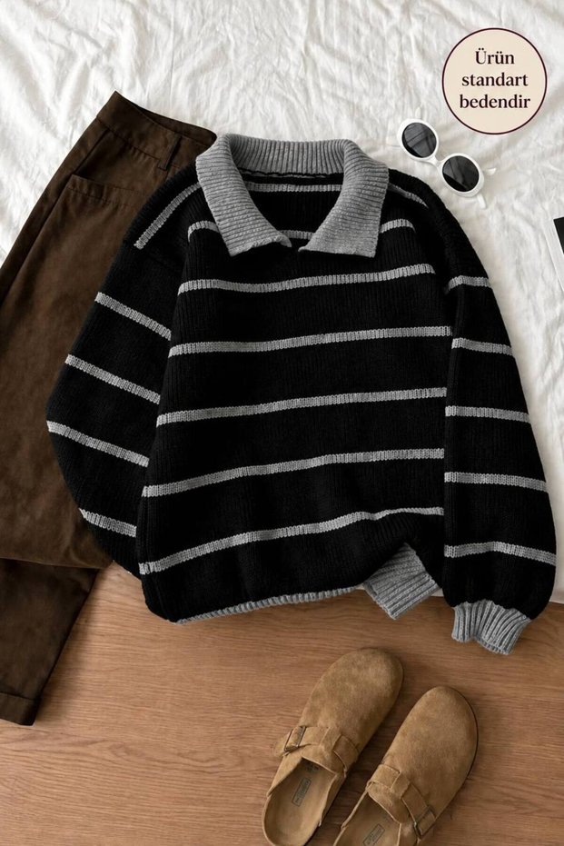 Striped Polo Collar Thessaloniki Knit Oversize Women's Knitwear Sweater