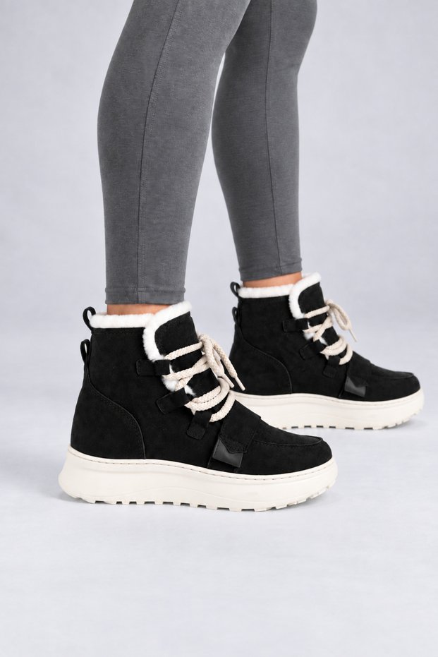 Women's Black Fur Detailed Rope Laced Thick Sole Suede Boots