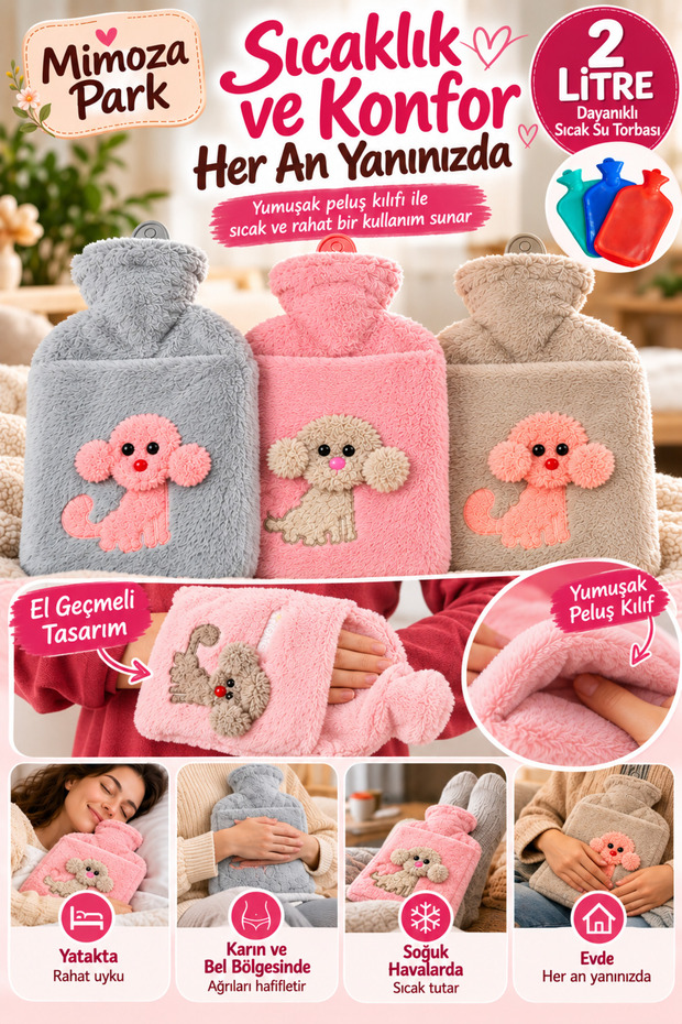 Plush Covered Hot Water Bag with Dog Emoji 2 Liters