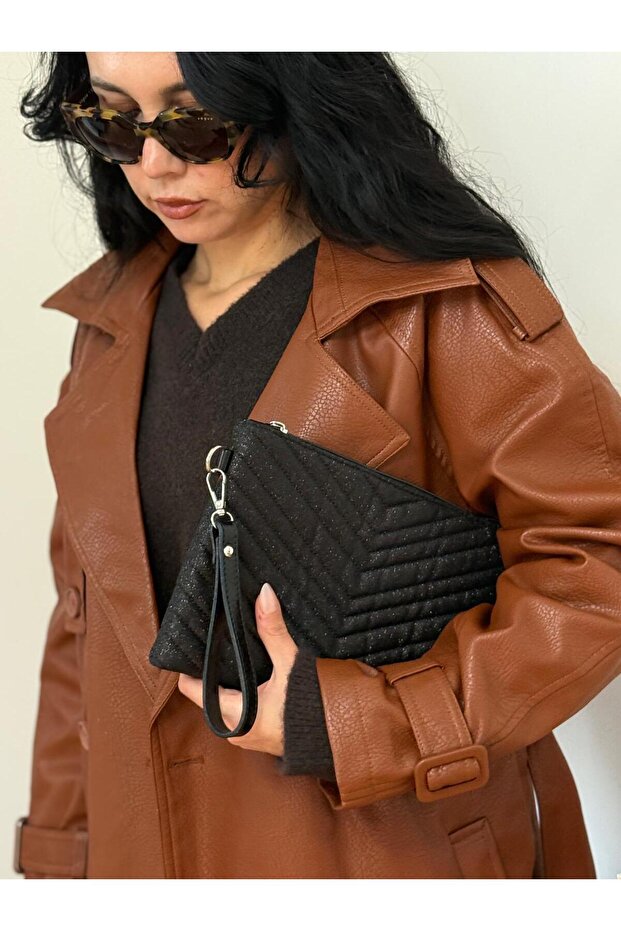 Women's Black Sparkling Embossed Portfolio & Clutch Bag