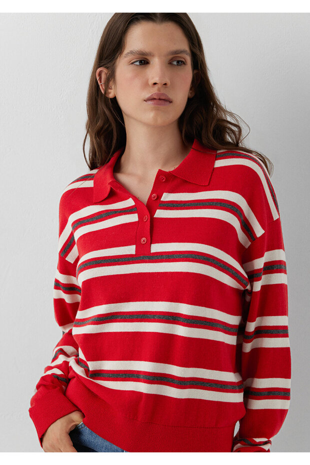 Striped Polo Collar Red Knitwear Regular Fit / Normal Cut 1711026-91568
