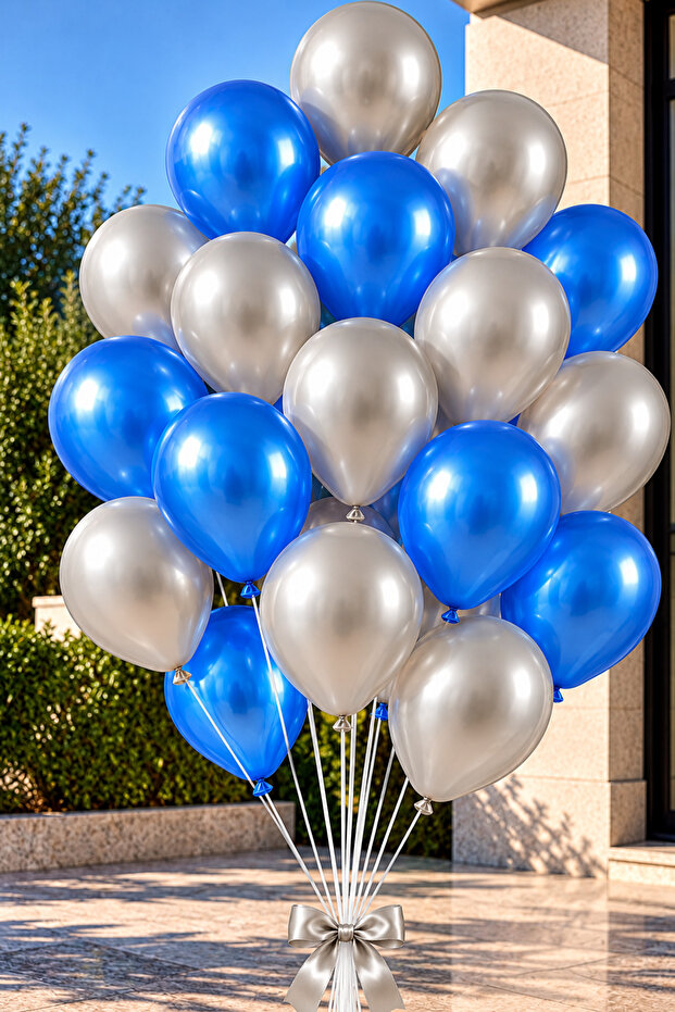 25 Pieces Metallic Navy Blue Dark Blue and Silver Gray Pearlescent Shiny Party Balloons