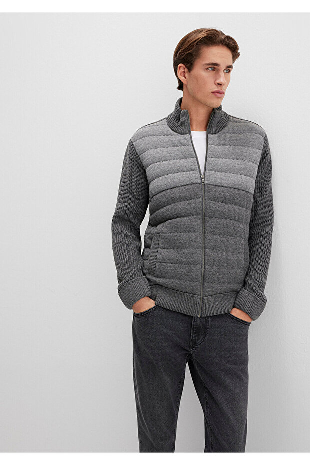 Zippered Gray Knitwear Cardigan Slim Fit / Slim Fit 070804 -34686