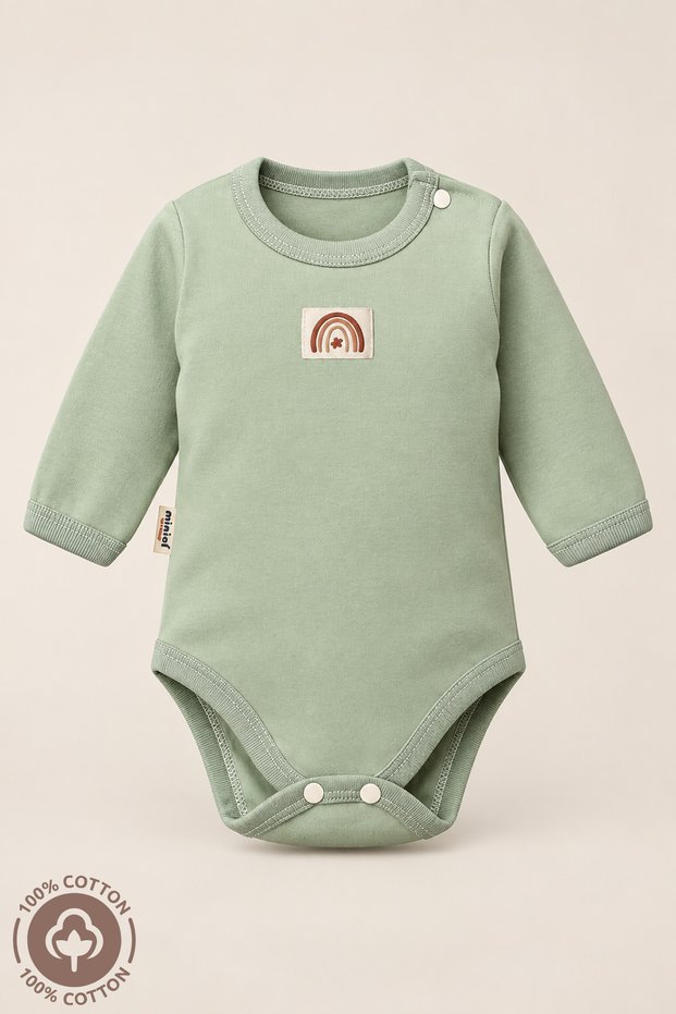 Unisex 100% Organic Cotton 3-6-9-12 Months Long Sleeve Baby Bodysuit with Crest Detail
