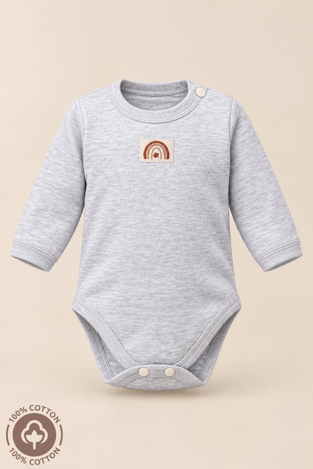 Unisex 100% Organic Cotton 3-6-9-12 Months Long Sleeve Baby Bodysuit with Crest Detail
