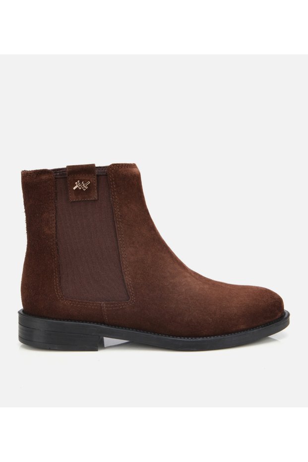Women's Suede Leather Brown Rubber Detailed Ankle Flat Boots