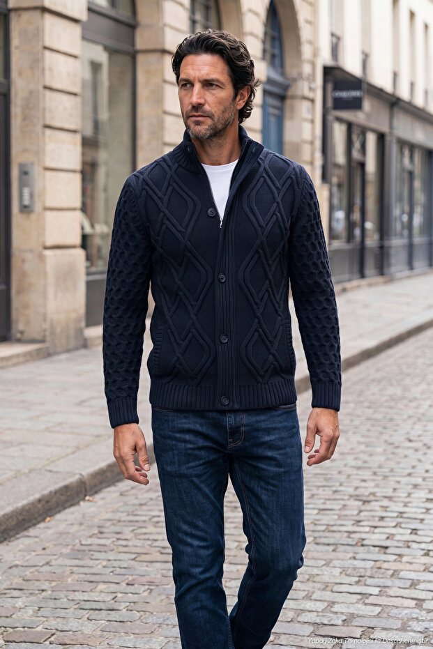 Men's Thick Knitwear Navy Blue Cardigan Classic Fit with Buttons and Zippered Pockets - 5248m