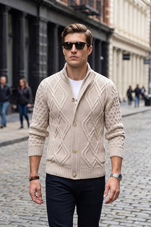 Men's Thick Knitwear Stone Cardigan Classic Fit with Buttons and Zippered Pockets - 5248m
