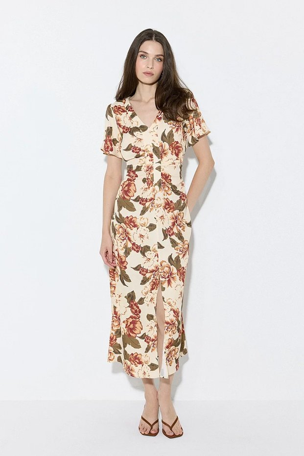 V-Neck Floral Patterned Satin Evening Dress - Beige