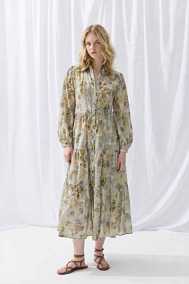 İz Kolekcyon Eco Print Relaxed Fit Long Dress - Green