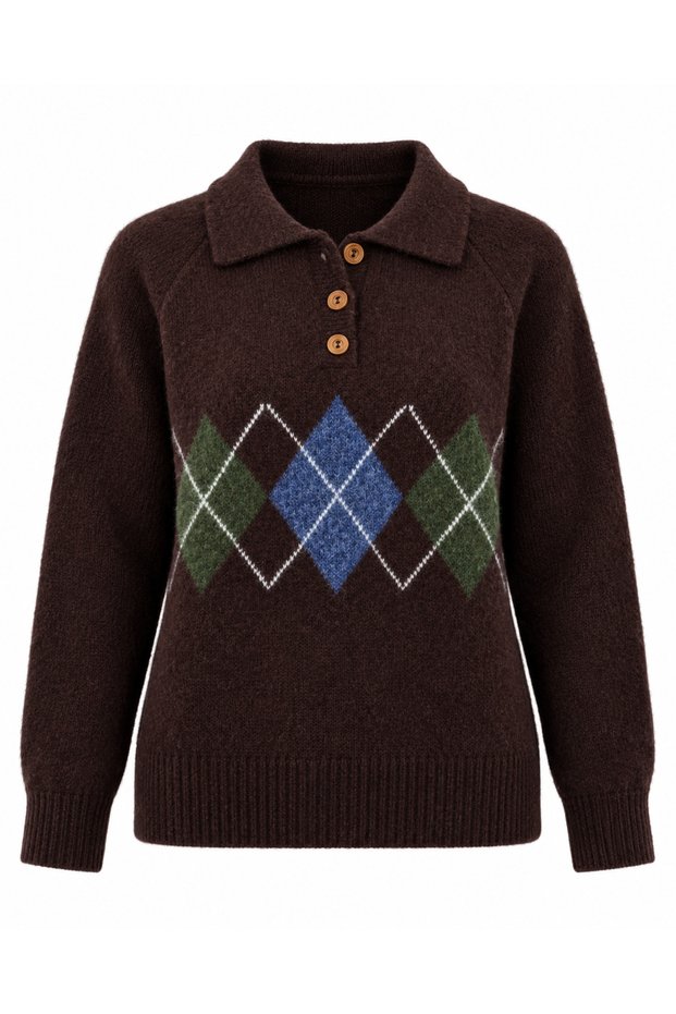 Brown Polo Collar Baklava Pattern Sweater