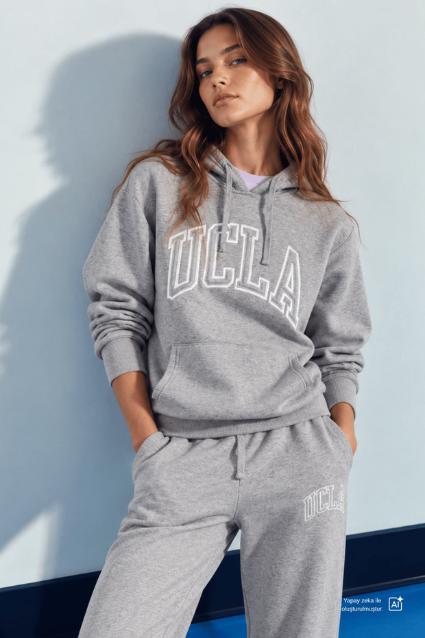 RILEY Gray Hooded Embroidered Standard Fit Women's Sweatshirt