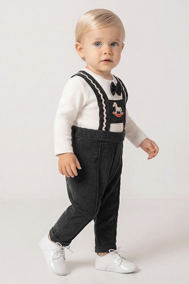 Baby Boy Velvet Salopet Set with Bow Tie and Horse Embroidery, 2-Piece Set