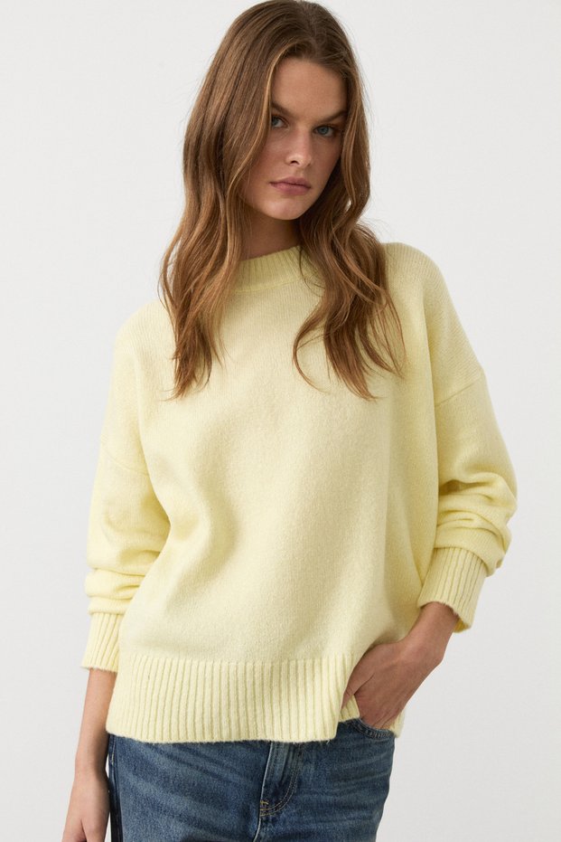 Nanna Women's Oversize Fit Soft Cashmere Crew Neck Thick Knitwear Yellow Sweater