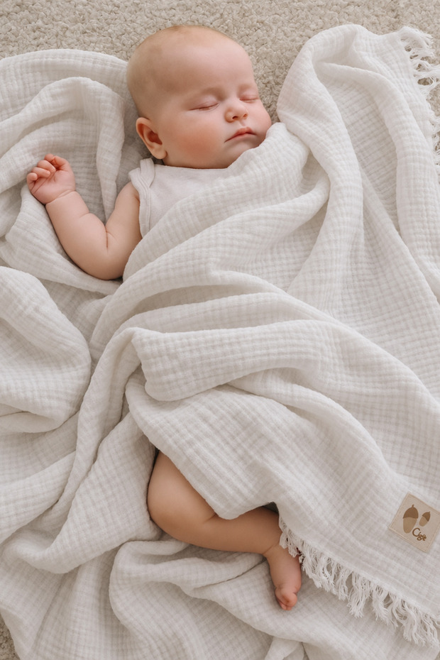 Four Layer Tasseled Organic Muslin Blanket 80X120 cm Ecru