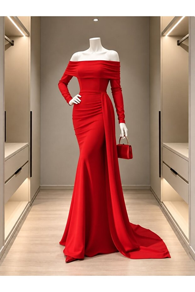 Crepe Stretch Fabric Degaje Collar Tail Detail Evening Dress 582652 Red