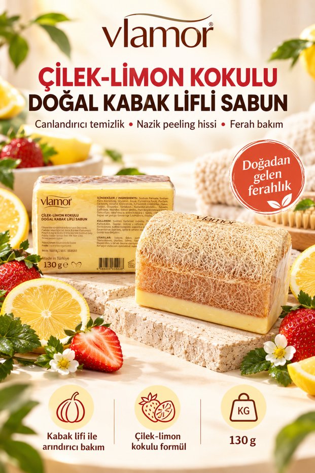 Natural Pumpkin Fiber Solid Soap with Strawberry and Lemon Scent 130Gr