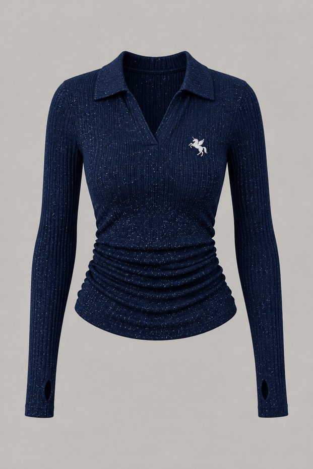 Sim Patterned Polo Neck Long Sleeve Blouse