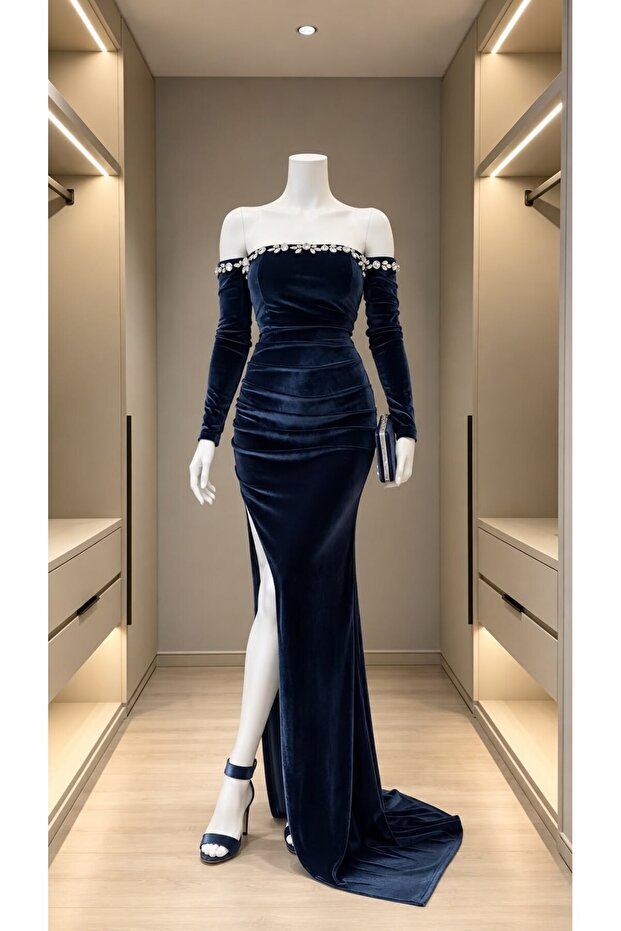 Flexible Fabric Strapless Neckline Stone Work Y Slit Evening Dress 582317 Smoked